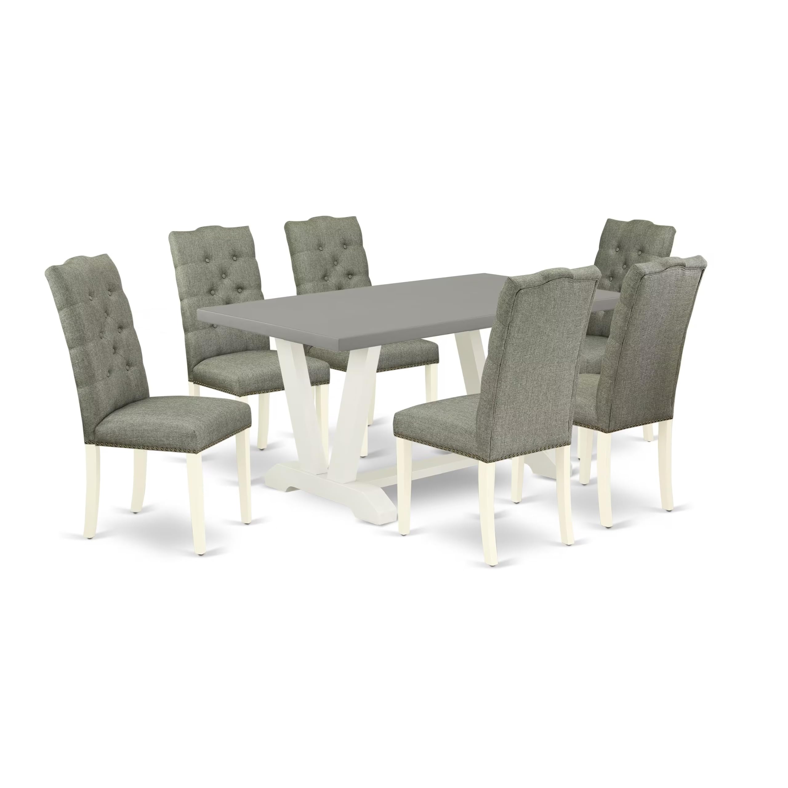 East West Furniture V096El207-7 7 Piece Dining Set Consist Of A Rectangle Dining Room Table With V-Legs And 6 Gray Linen Fabric Upholstered Parson Chairs, 36X60 Inch, Multi-Color